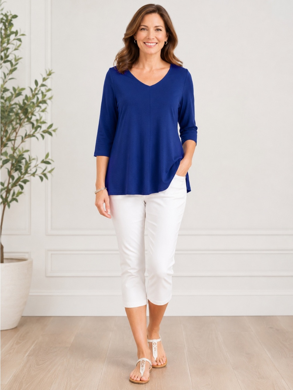 Susan Graver Royal Blue V‑Neck 3/4 Sleeve Top